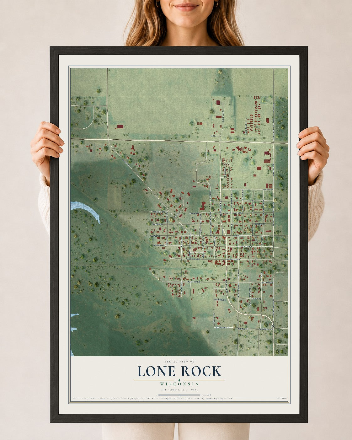 Map of Lone Rock, Wisconsin, 24 x 36 inch print in a black wood frame