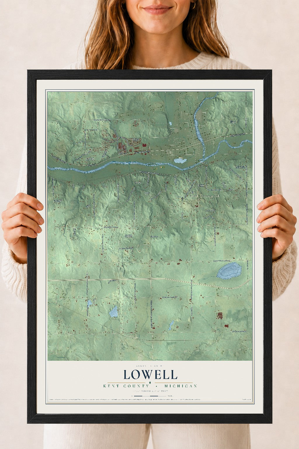 Map of Lowell, Kent County, Michigan, 18 x 24 inch print in a black wood frame