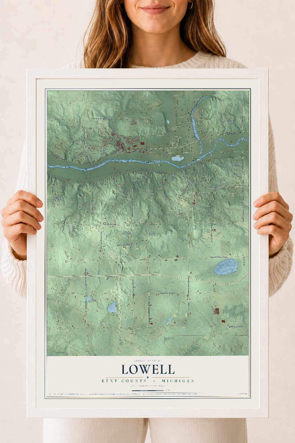 Map of Lowell, Kent County, Michigan, 18 x 24 inch print in a white wood frame