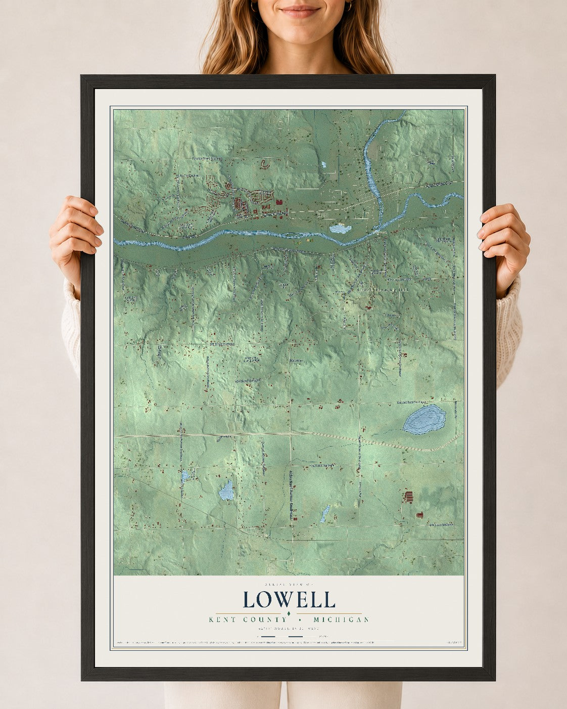 Map of Lowell, Kent County, Michigan, 24 x 36 inch print in a black wood frame