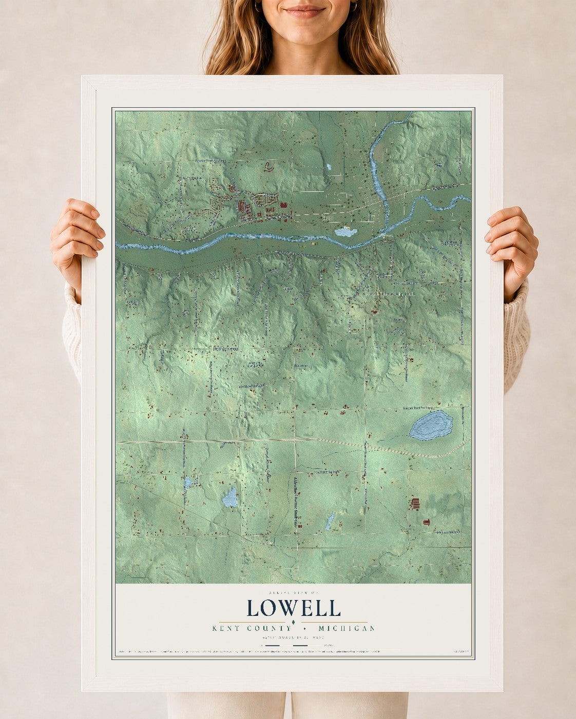 Map of Lowell, Kent County, Michigan, 24 x 36 inch print in a white wood frame