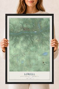 Map of Lowell, Kent County, Michigan, 18 x 24 inch print in a black wood frame