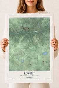 Map of Lowell, Kent County, Michigan, 18 x 24 inch print in a white wood frame
