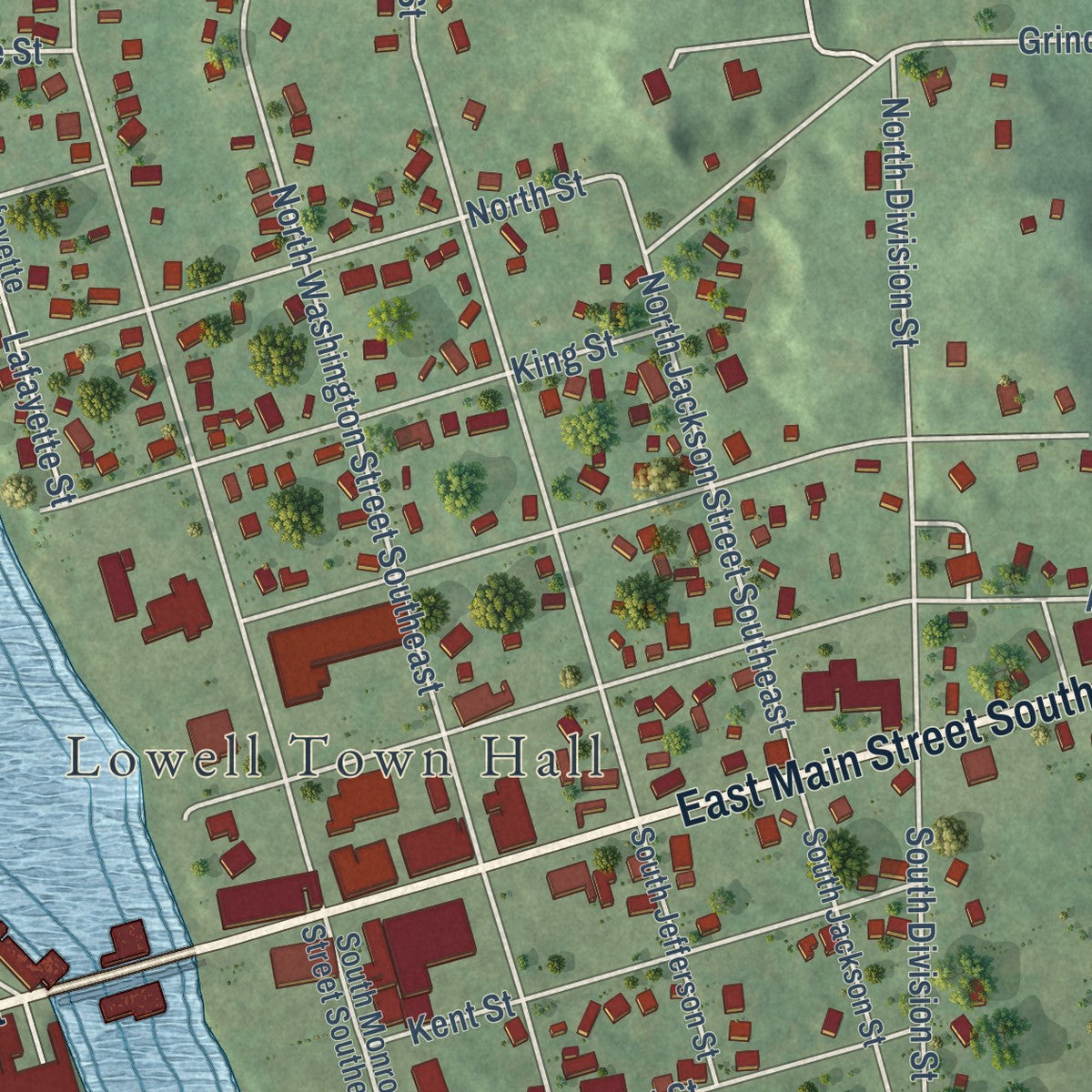 Close-up of the map of Lowell, Michigan print showing street and building detail