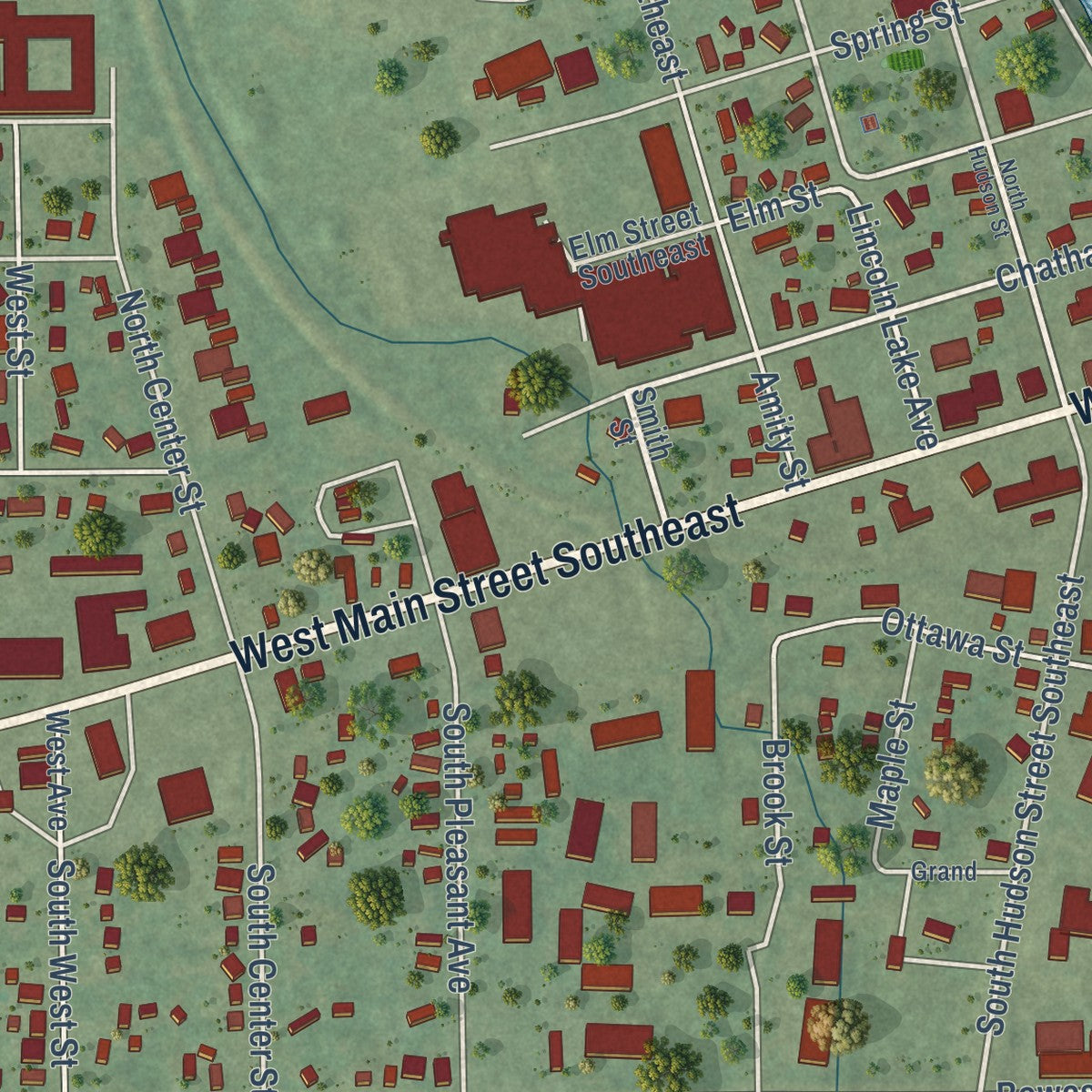 Second close-up of the map of Lowell, Michigan print showing more streets and buildings