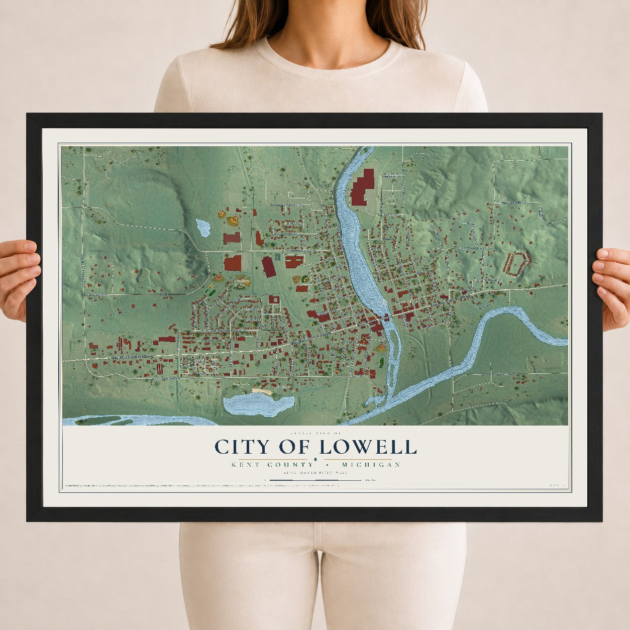 Map of Lowell, Michigan, 18 x 24 inch print in a black wood frame