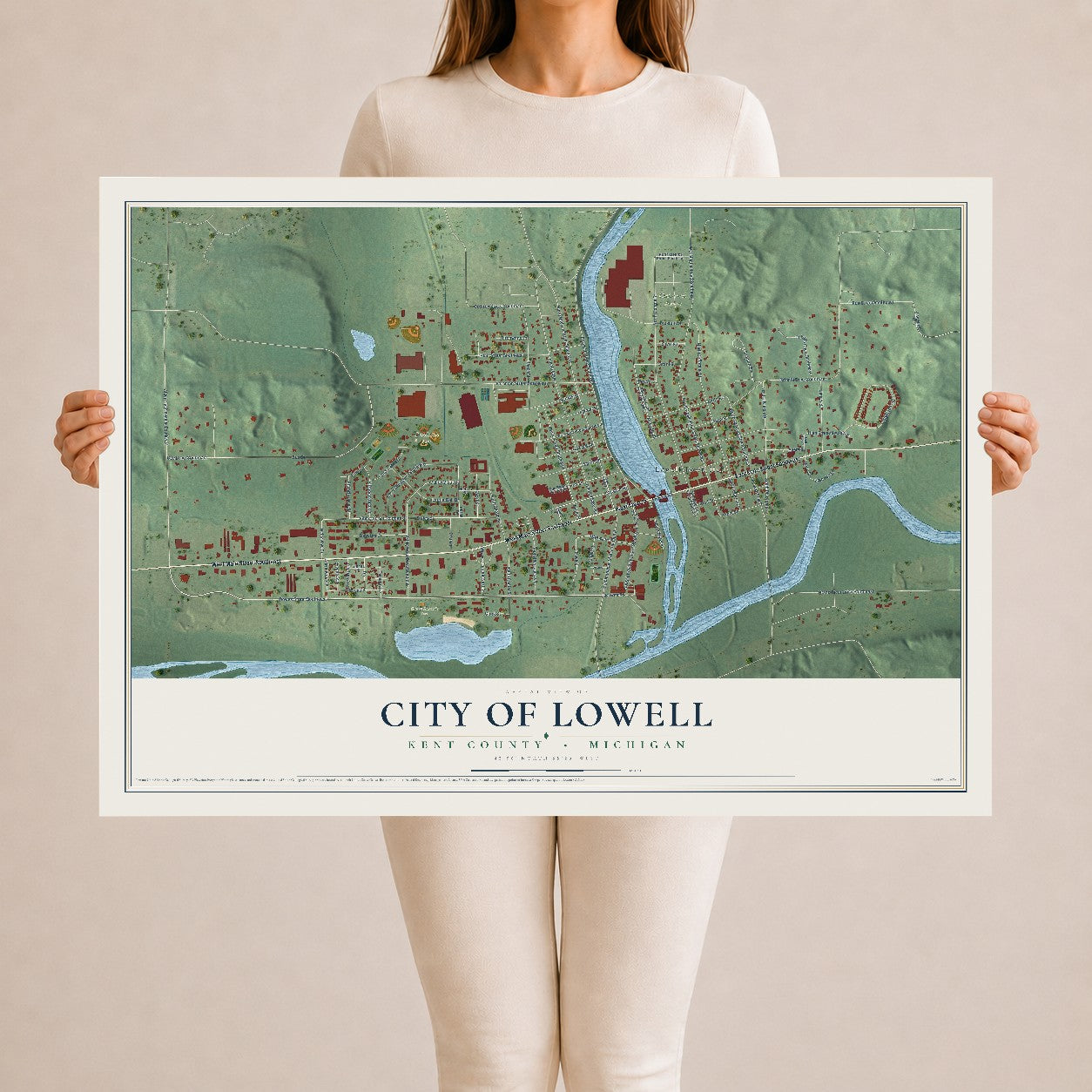 Map of Lowell, Michigan, 24 x 36 inch unframed archival matte print