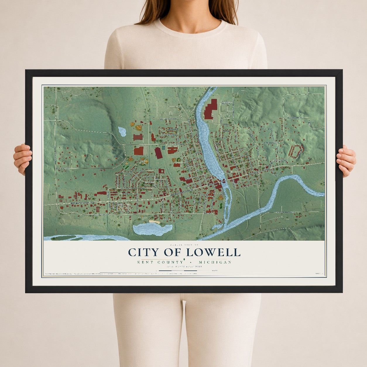 Map of Lowell, Michigan, 24 x 36 inch print in a black wood frame