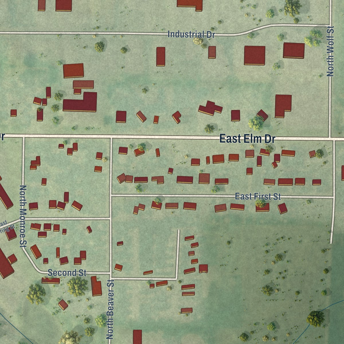 Second close-up of the map of Loyal, Wisconsin print showing more streets and buildings