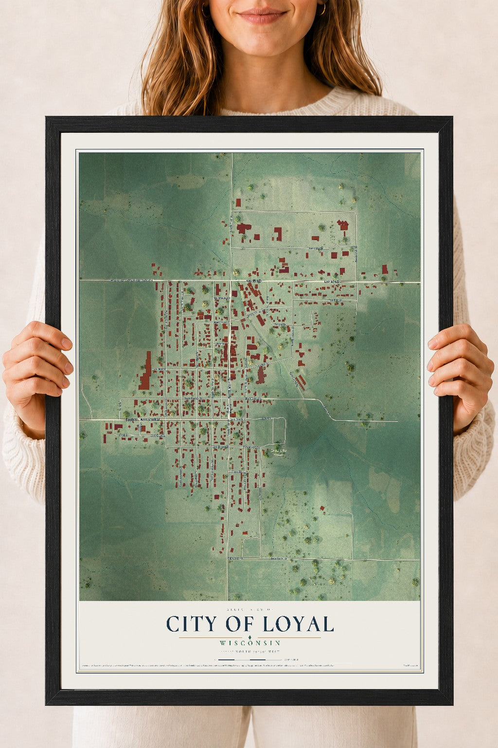 Map of Loyal, Wisconsin, 18 x 24 inch print in a black wood frame