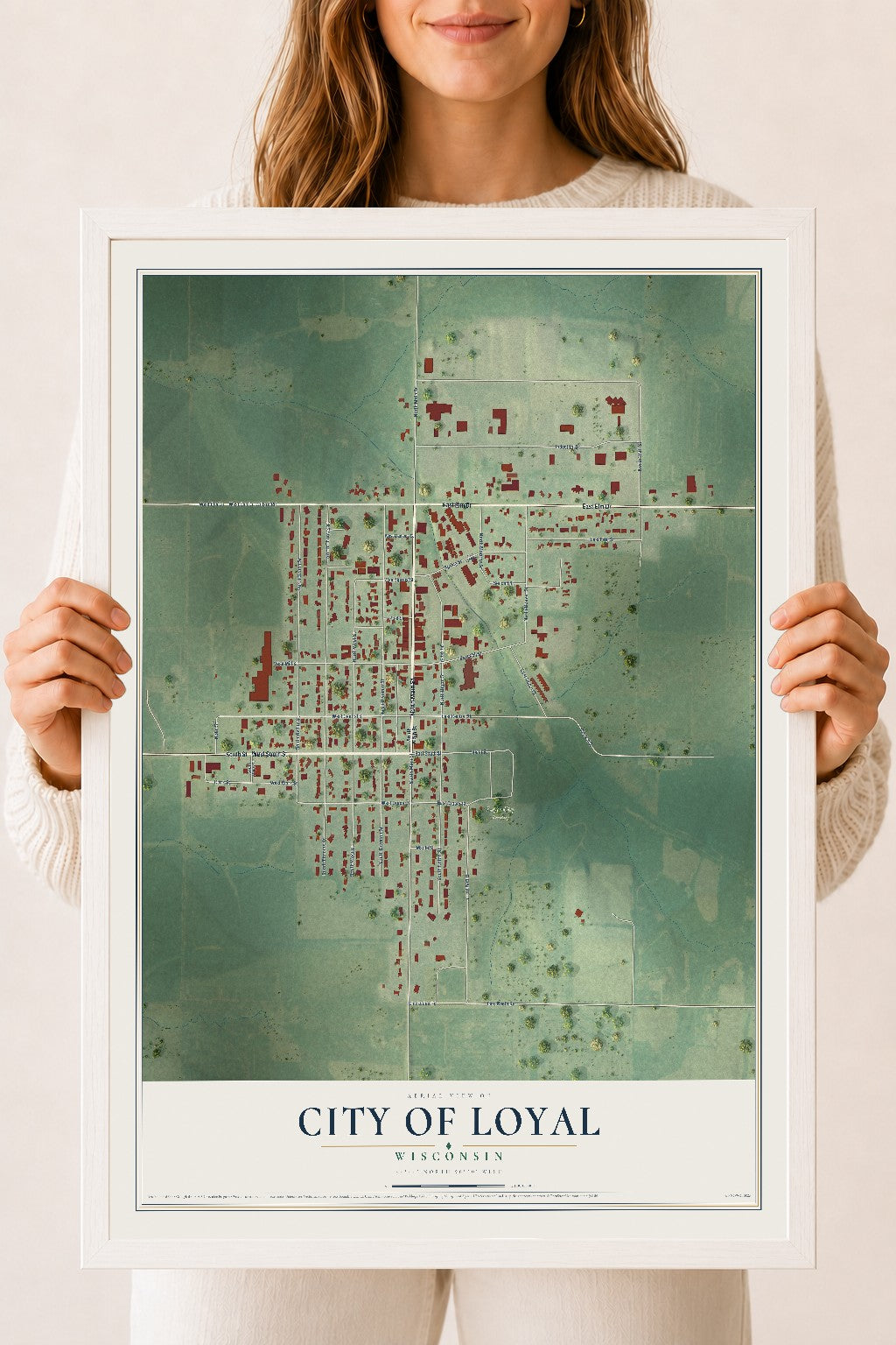 Map of Loyal, Wisconsin, 18 x 24 inch print in a white wood frame