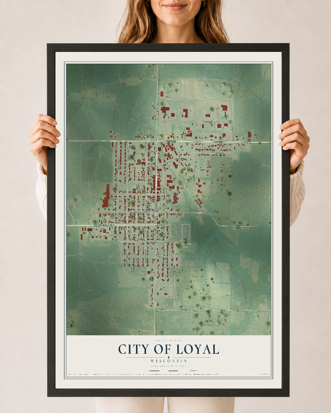 Map of Loyal, Wisconsin, 24 x 36 inch print in a black wood frame