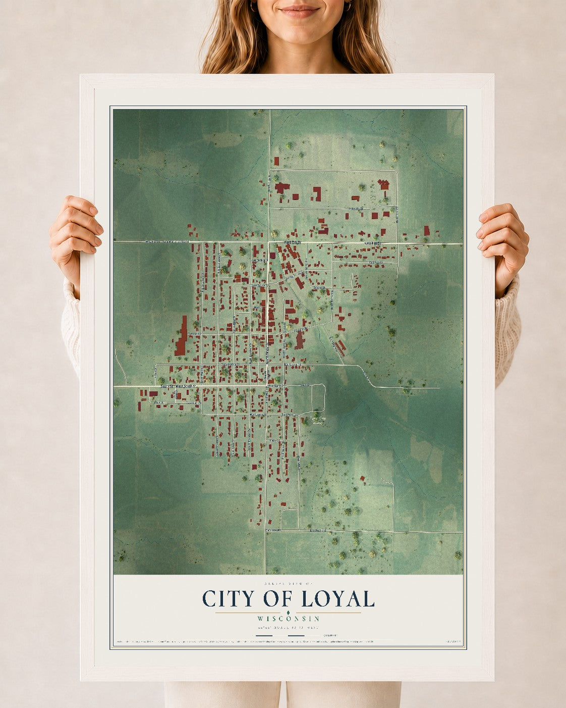 Map of Loyal, Wisconsin, 24 x 36 inch print in a white wood frame