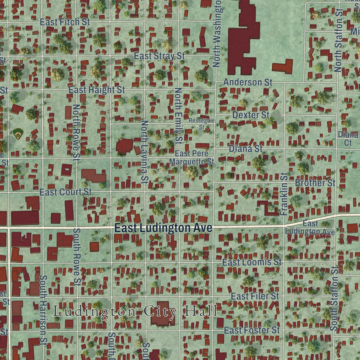 Close-up of the map of Ludington, Michigan print showing street and building detail