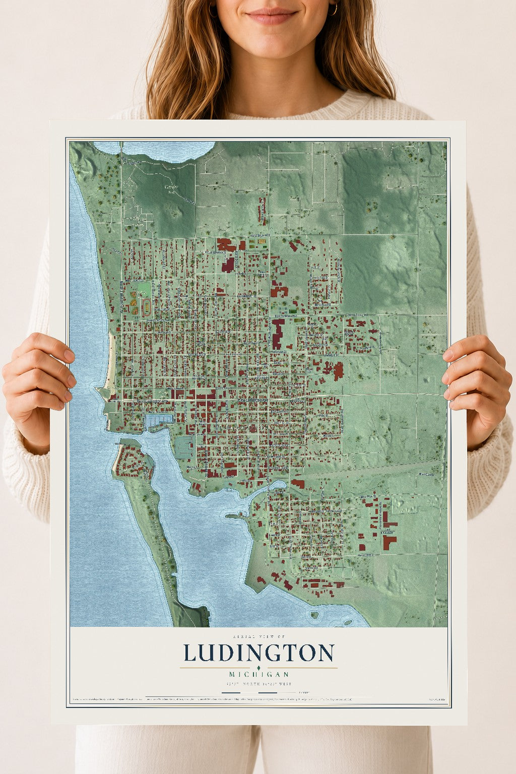 Map of Ludington, Michigan, 18 x 24 inch unframed archival matte print