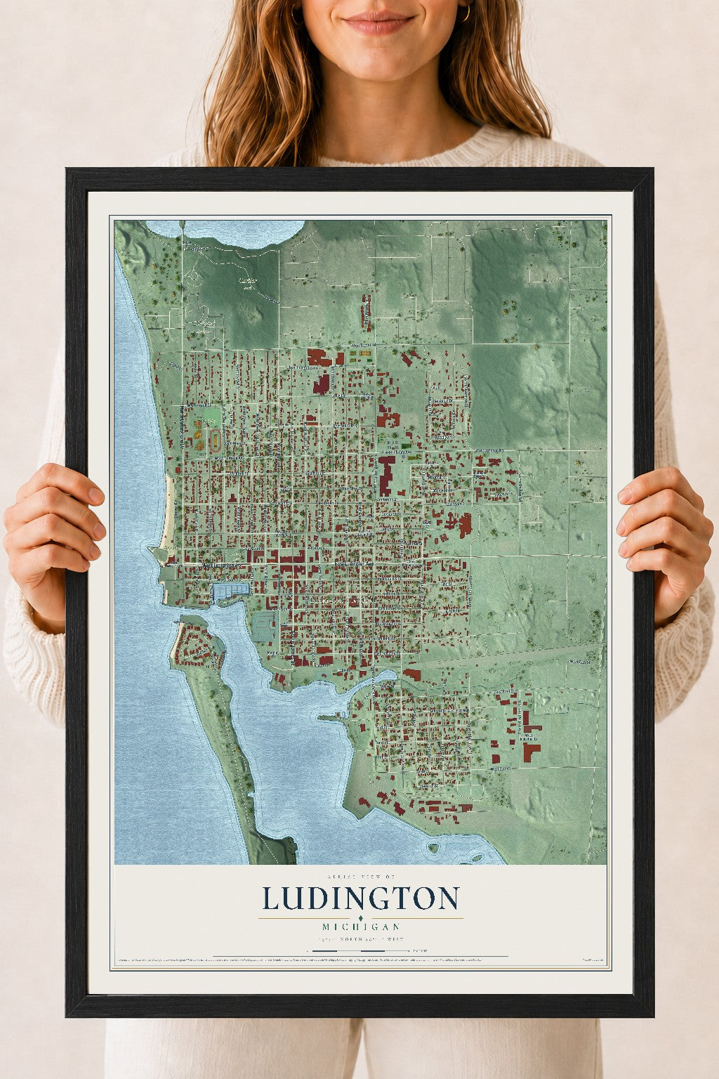 Map of Ludington, Michigan, 18 x 24 inch print in a black wood frame