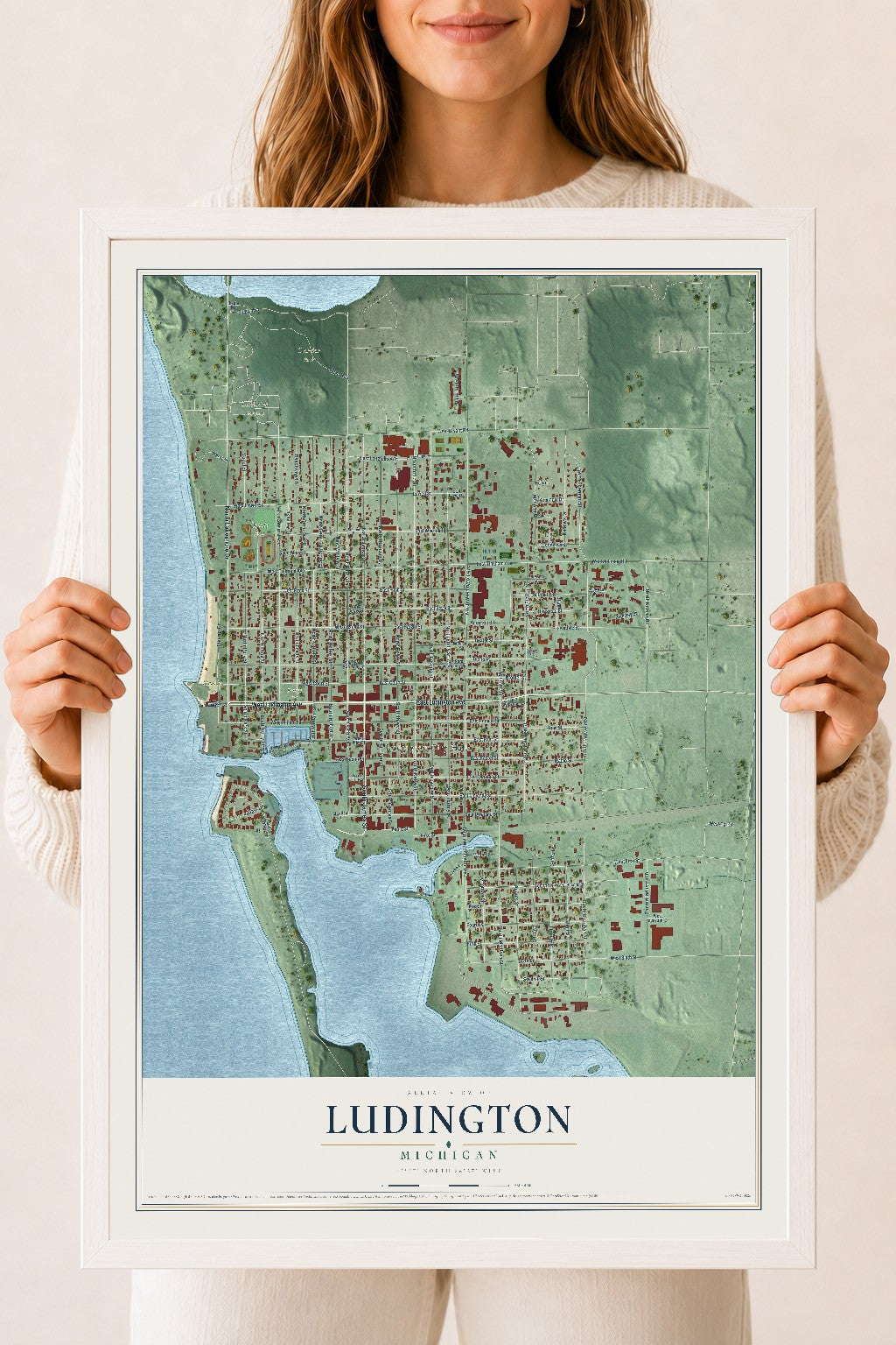 Map of Ludington, Michigan, 18 x 24 inch print in a white wood frame