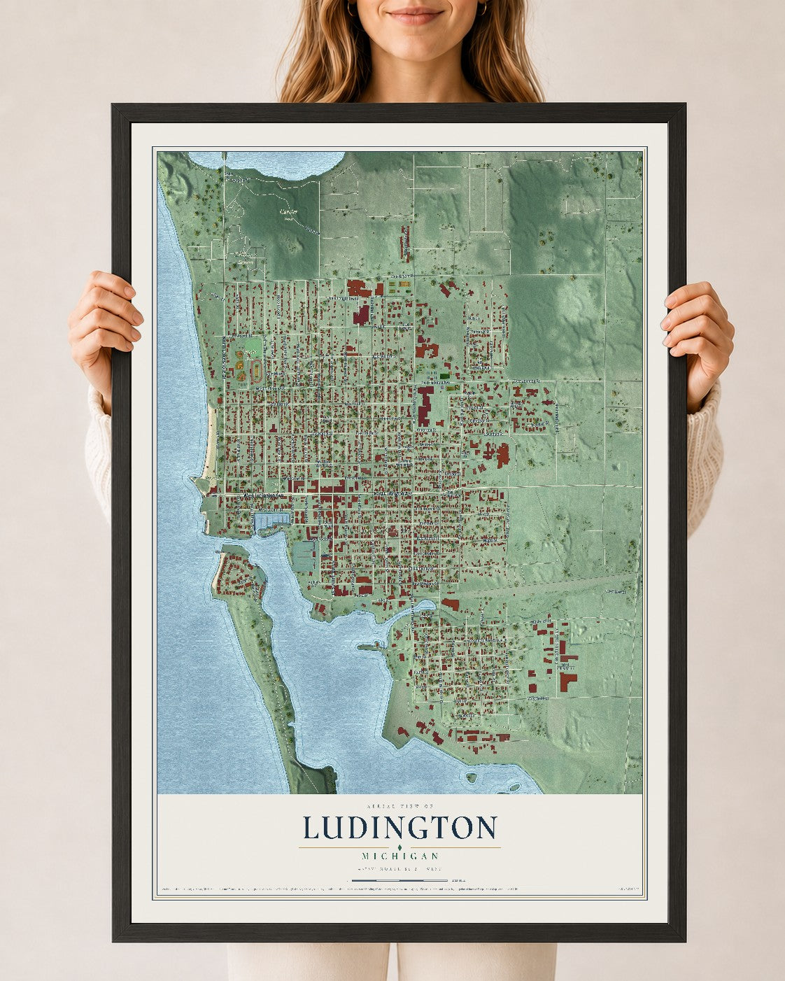 Map of Ludington, Michigan, 24 x 36 inch print in a black wood frame