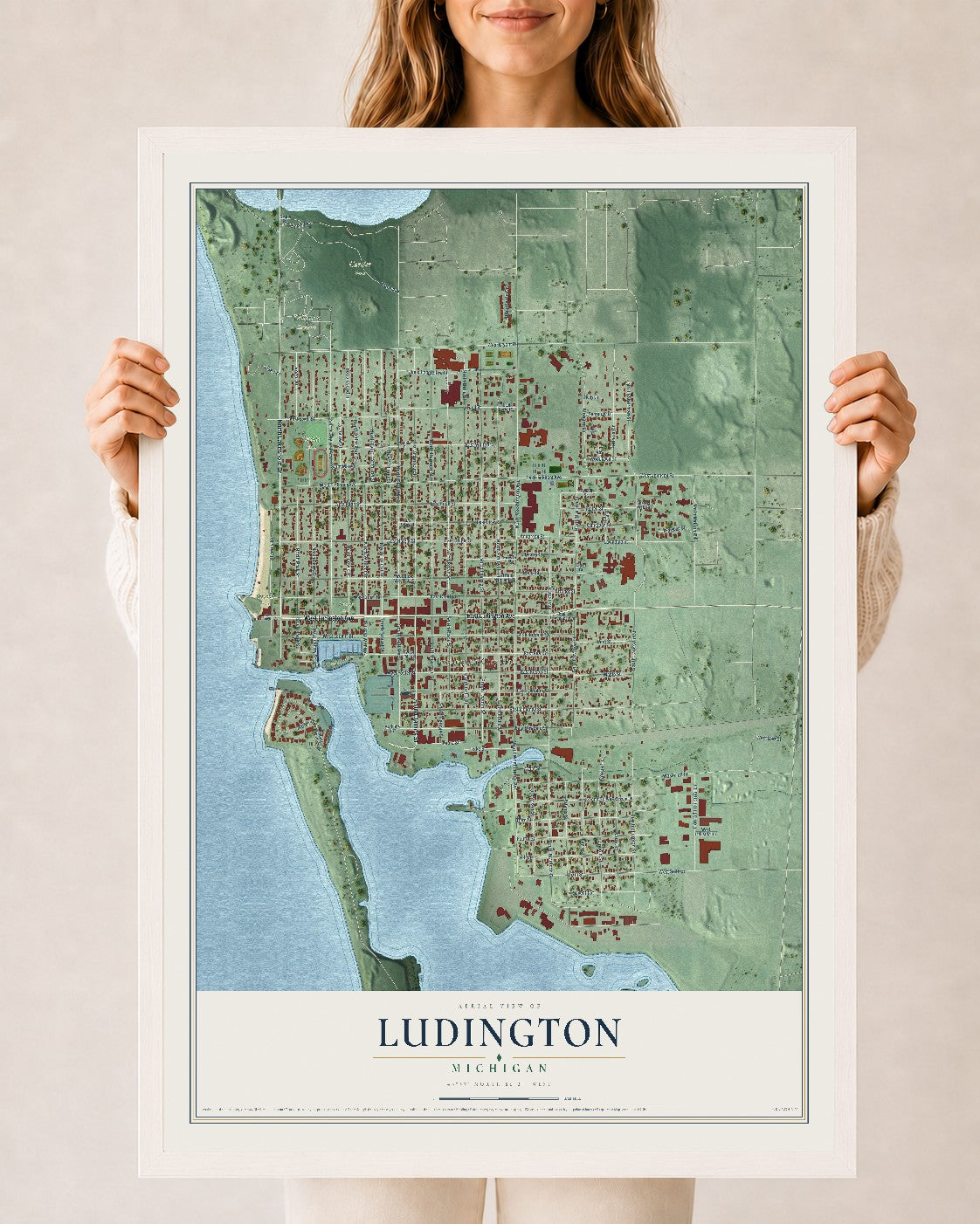 Map of Ludington, Michigan, 24 x 36 inch print in a white wood frame