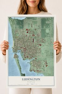 Map of Ludington, Michigan, 18 x 24 inch unframed archival matte print