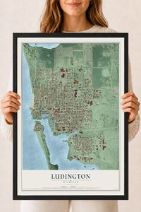 Map of Ludington, Michigan, 18 x 24 inch print in a black wood frame