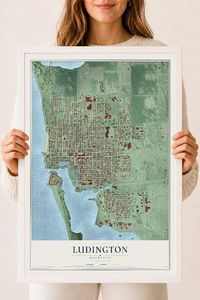 Map of Ludington, Michigan, 18 x 24 inch print in a white wood frame