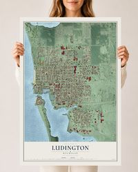 Map of Ludington, Michigan, 24 x 36 inch unframed archival matte print