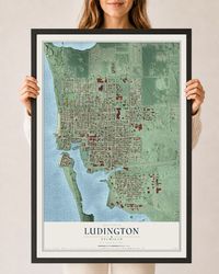 Map of Ludington, Michigan, 24 x 36 inch print in a black wood frame