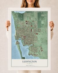 Map of Ludington, Michigan, 24 x 36 inch print in a white wood frame