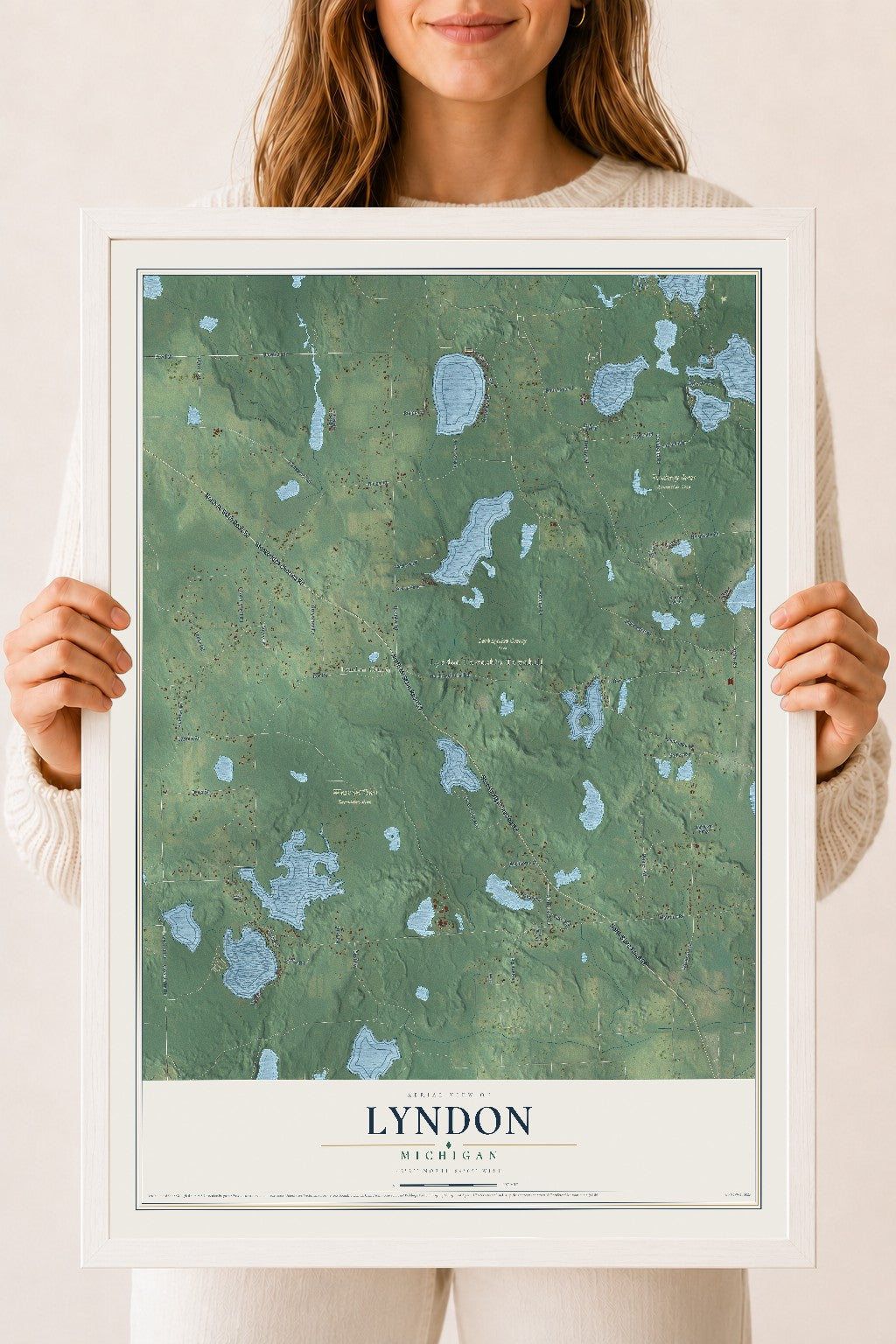 Map of Lyndon, Michigan, 18 x 24 inch print in a white wood frame