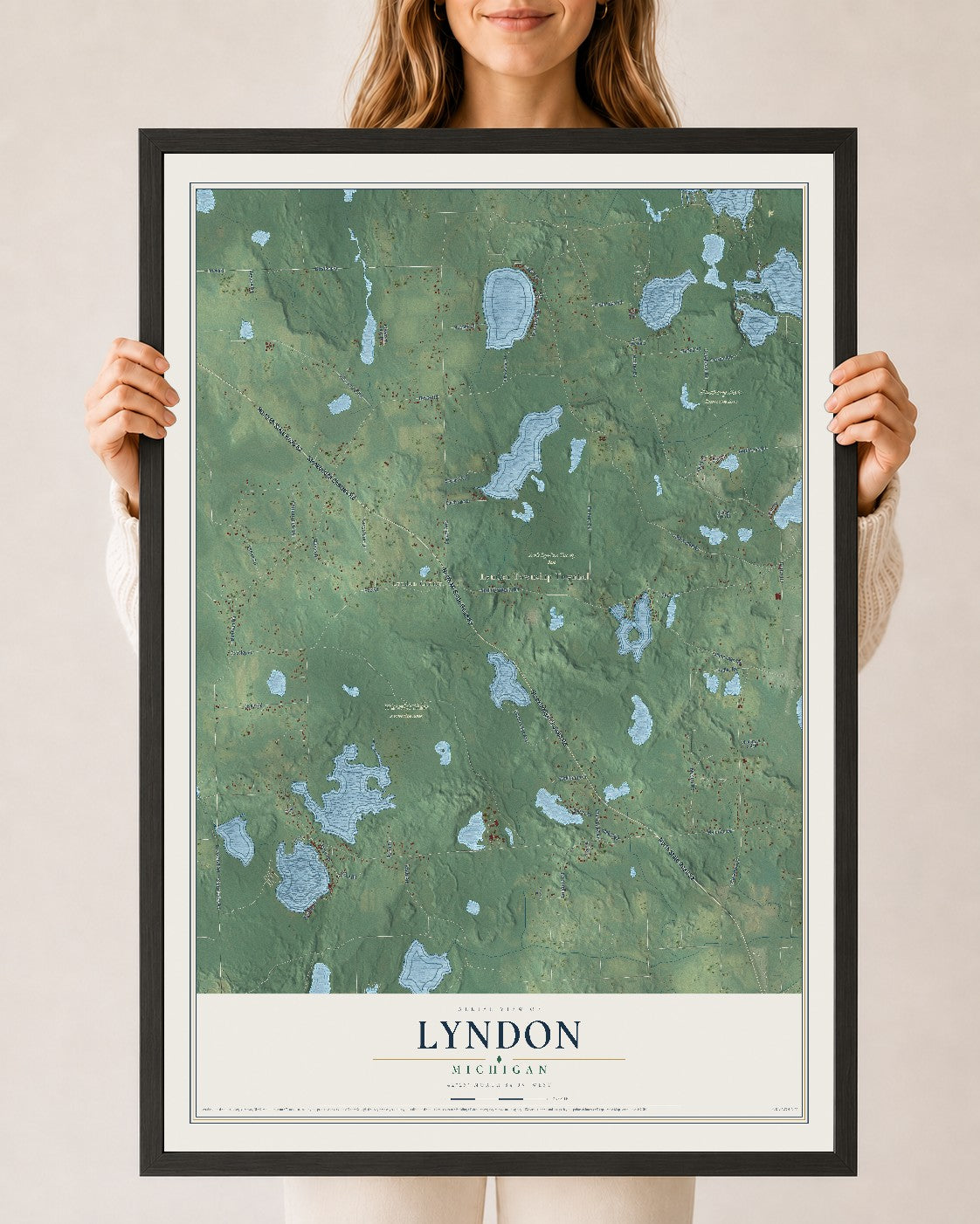 Map of Lyndon, Michigan, 24 x 36 inch print in a black wood frame