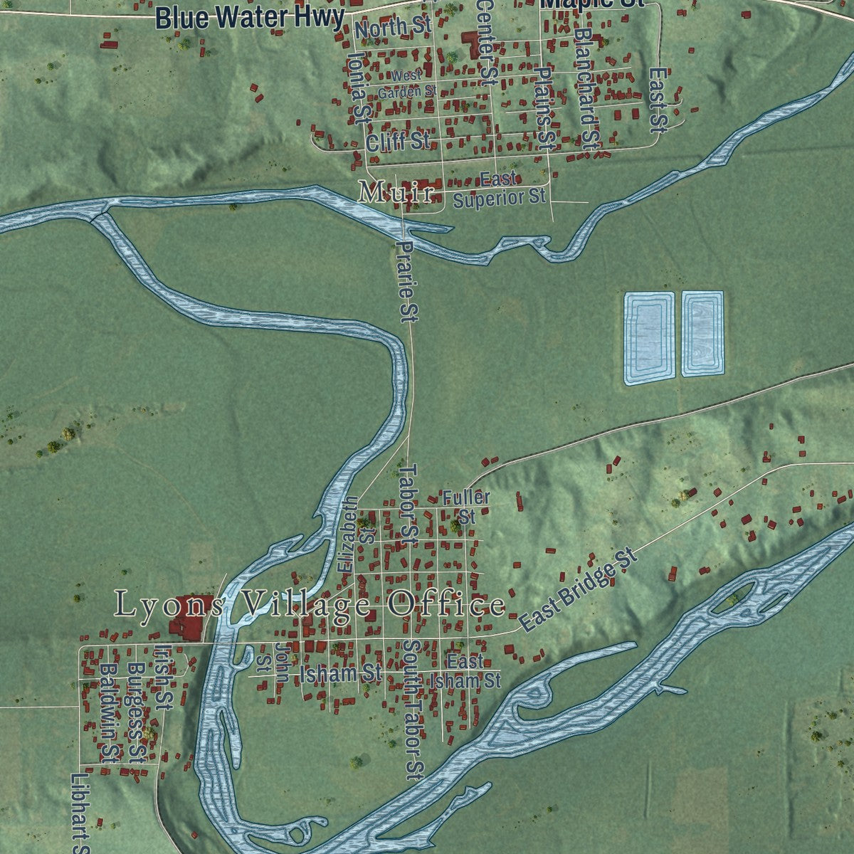 Close-up of the map of Lyons, Ionia County, Michigan print showing street and building detail