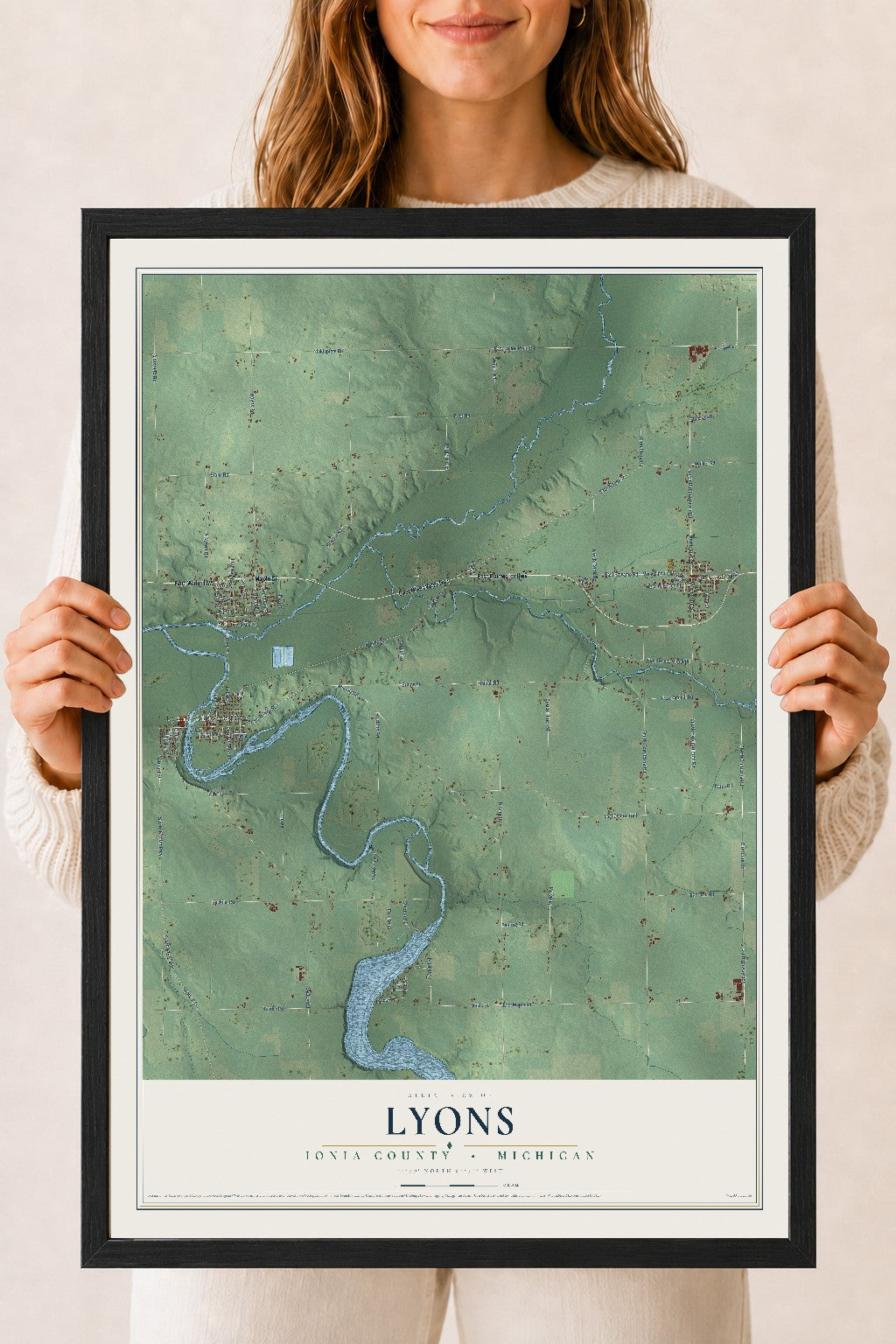 Map of Lyons, Ionia County, Michigan, 18 x 24 inch print in a black wood frame