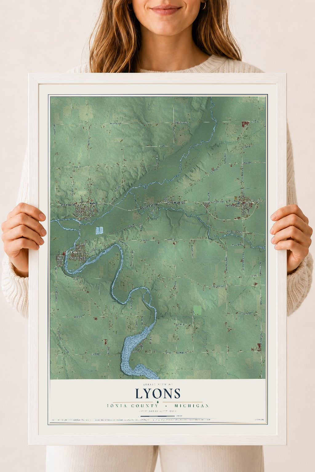 Map of Lyons, Ionia County, Michigan, 18 x 24 inch print in a white wood frame