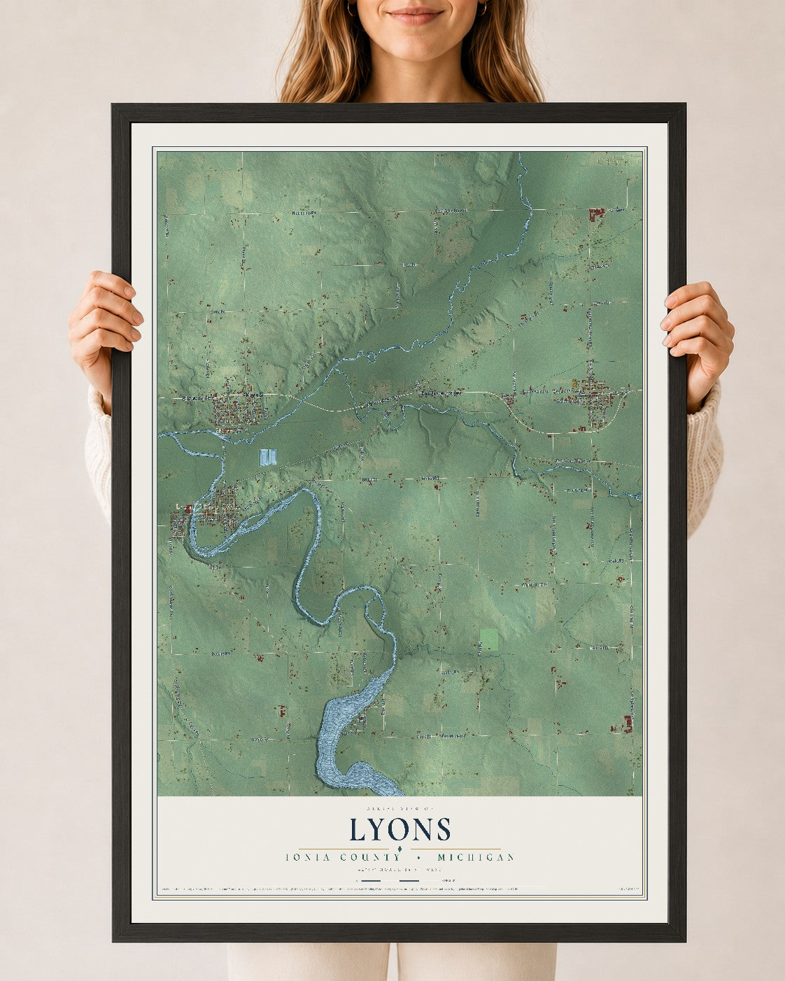 Map of Lyons, Ionia County, Michigan, 24 x 36 inch print in a black wood frame