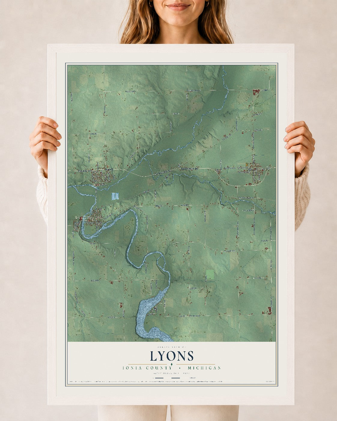 Map of Lyons, Ionia County, Michigan, 24 x 36 inch print in a white wood frame
