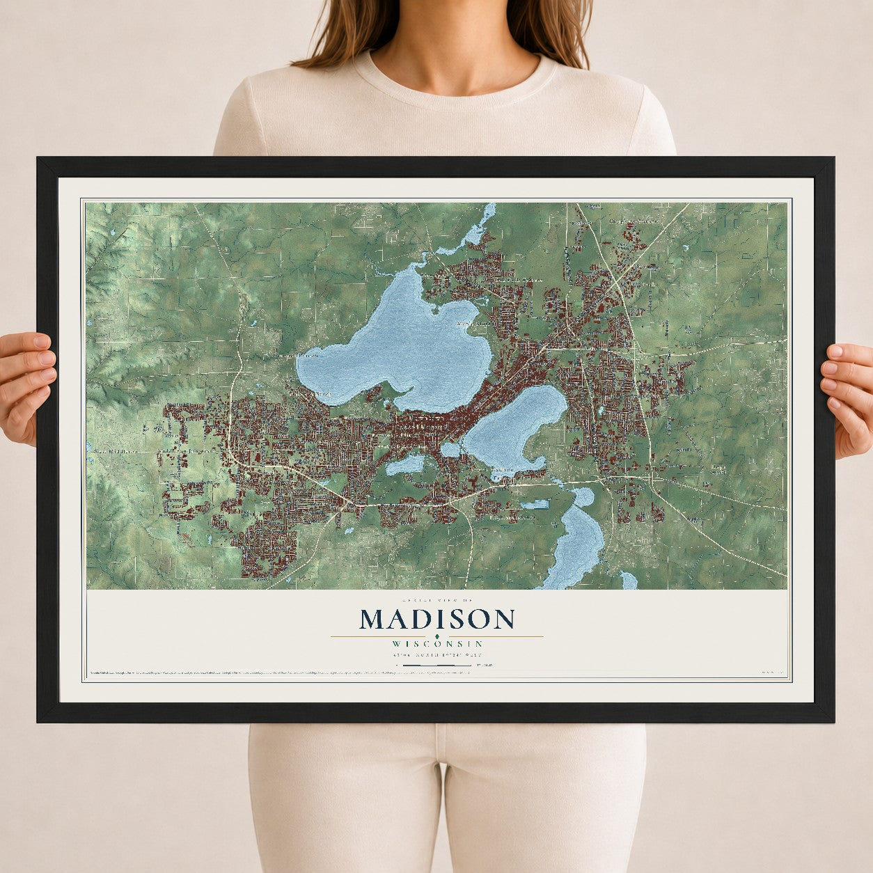 Map of Madison, Wisconsin, 18 x 24 inch print in a black wood frame