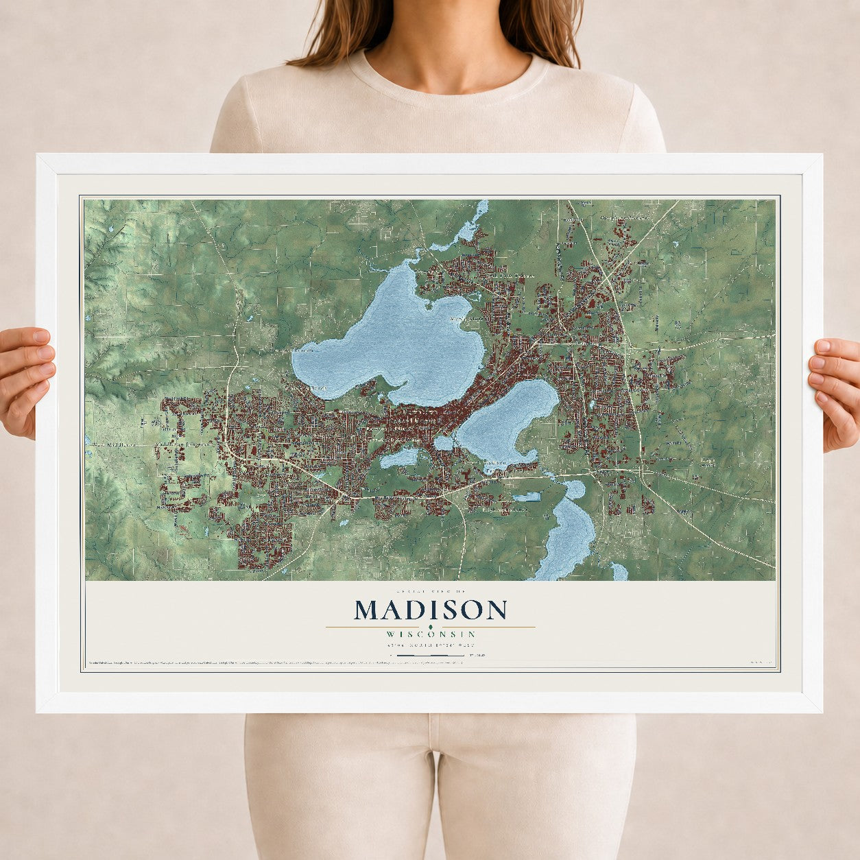 Map of Madison, Wisconsin, 18 x 24 inch print in a white wood frame