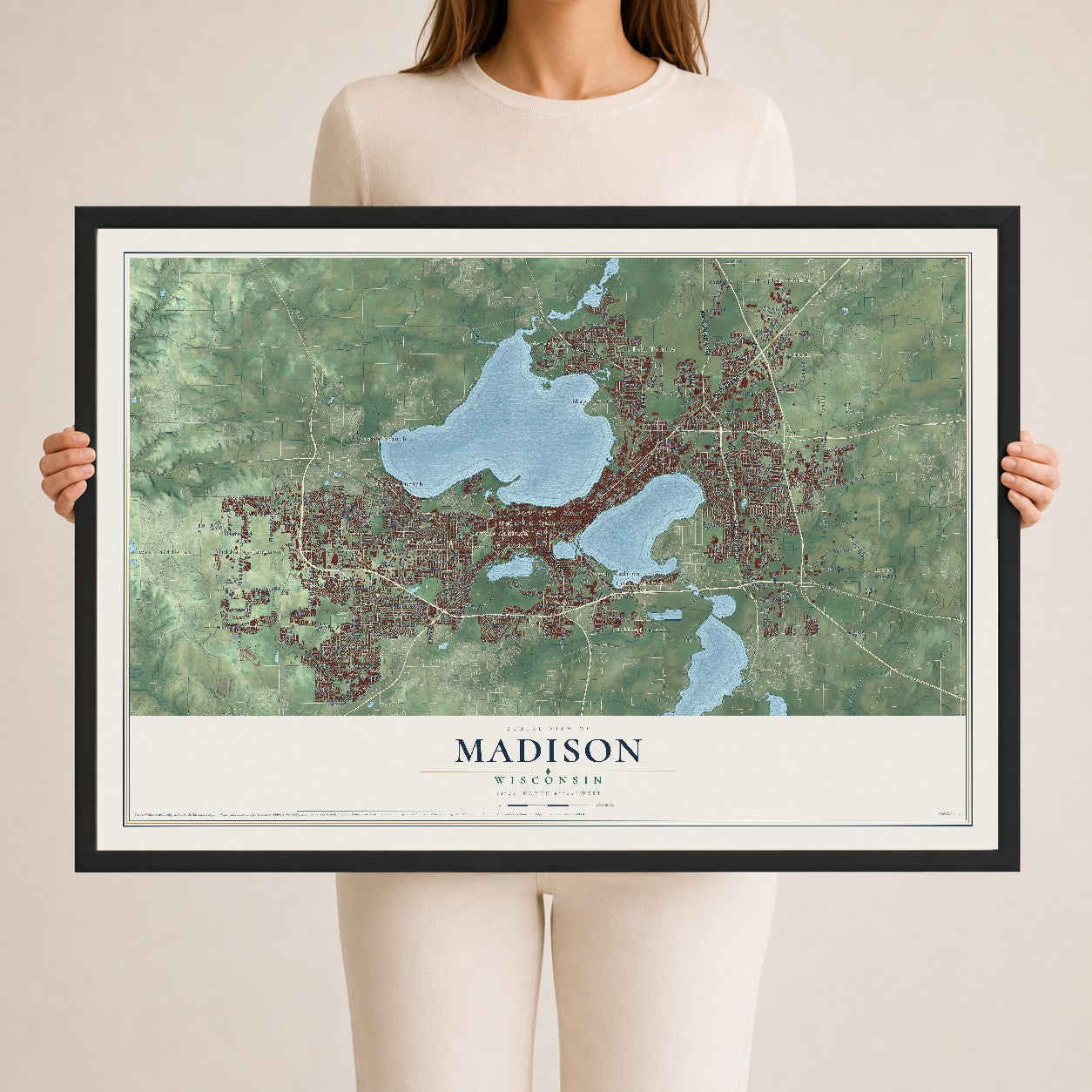 Map of Madison, Wisconsin, 24 x 36 inch print in a black wood frame