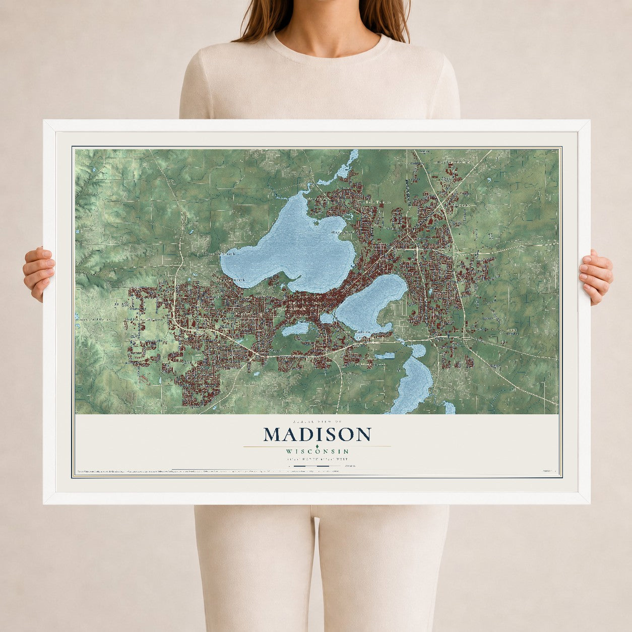 Map of Madison, Wisconsin, 24 x 36 inch print in a white wood frame