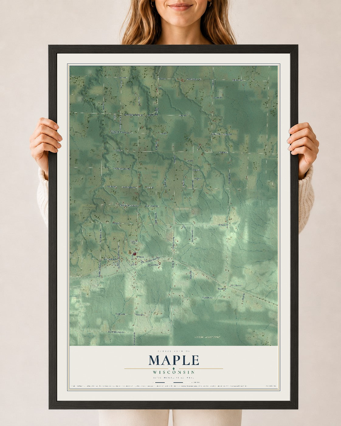 Map of Maple, Wisconsin, 24 x 36 inch print in a black wood frame