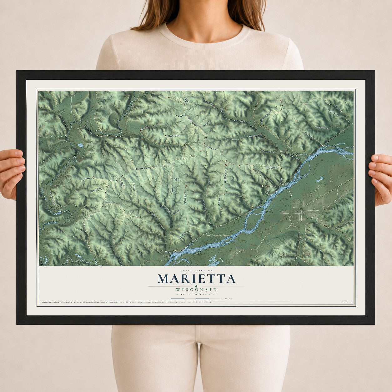 Map of Marietta, Wisconsin, 18 x 24 inch print in a black wood frame