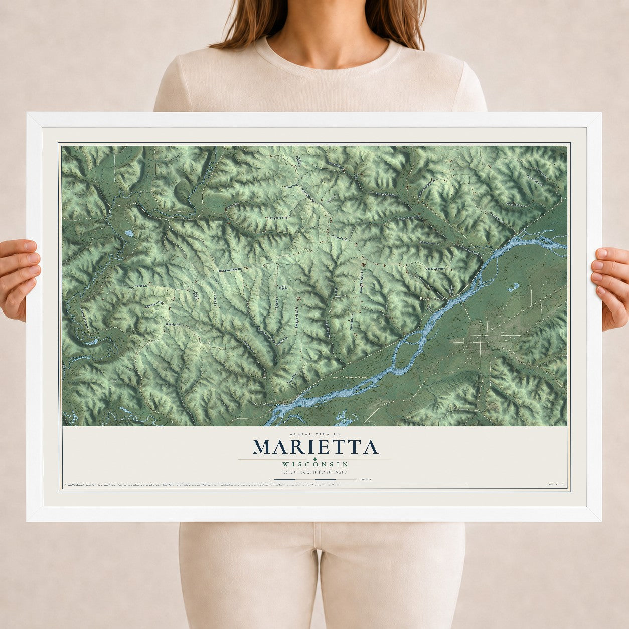 Map of Marietta, Wisconsin, 18 x 24 inch print in a white wood frame