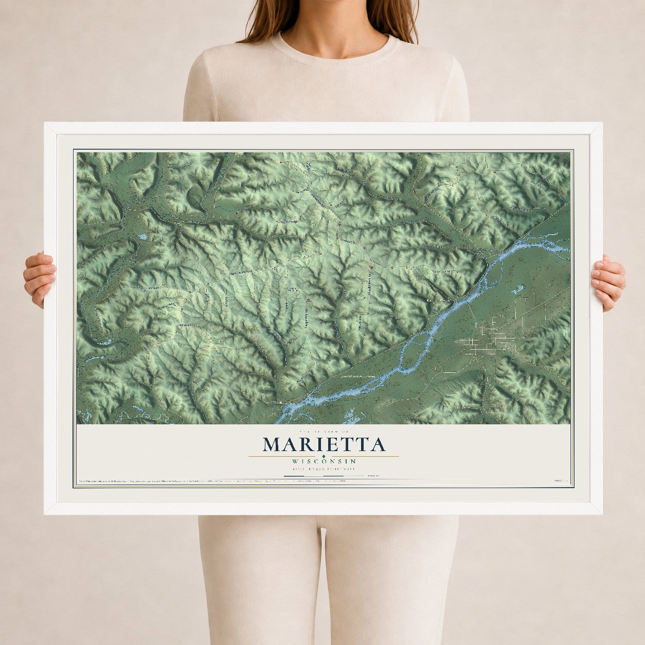 Map of Marietta, Wisconsin, 24 x 36 inch print in a white wood frame