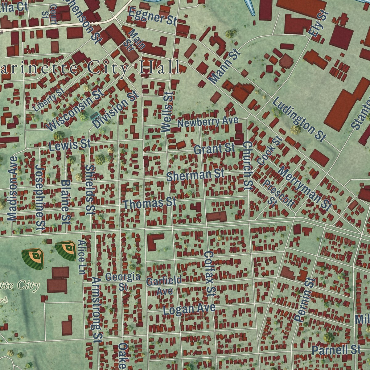 Close-up of the map of Marinette, Wisconsin print showing street and building detail