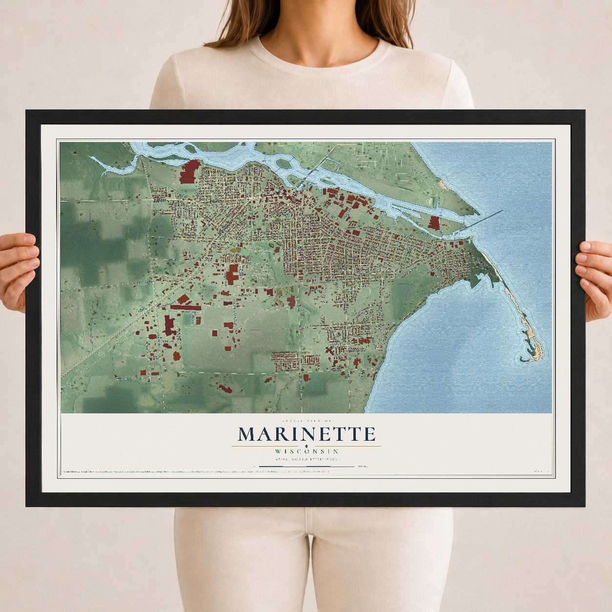 Map of Marinette, Wisconsin, 18 x 24 inch print in a black wood frame