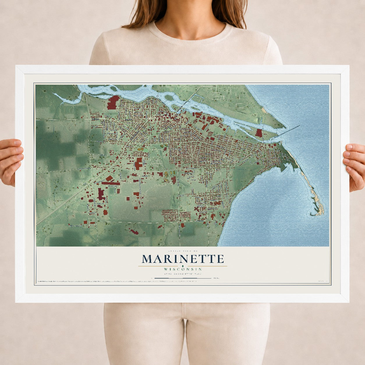 Map of Marinette, Wisconsin, 18 x 24 inch print in a white wood frame
