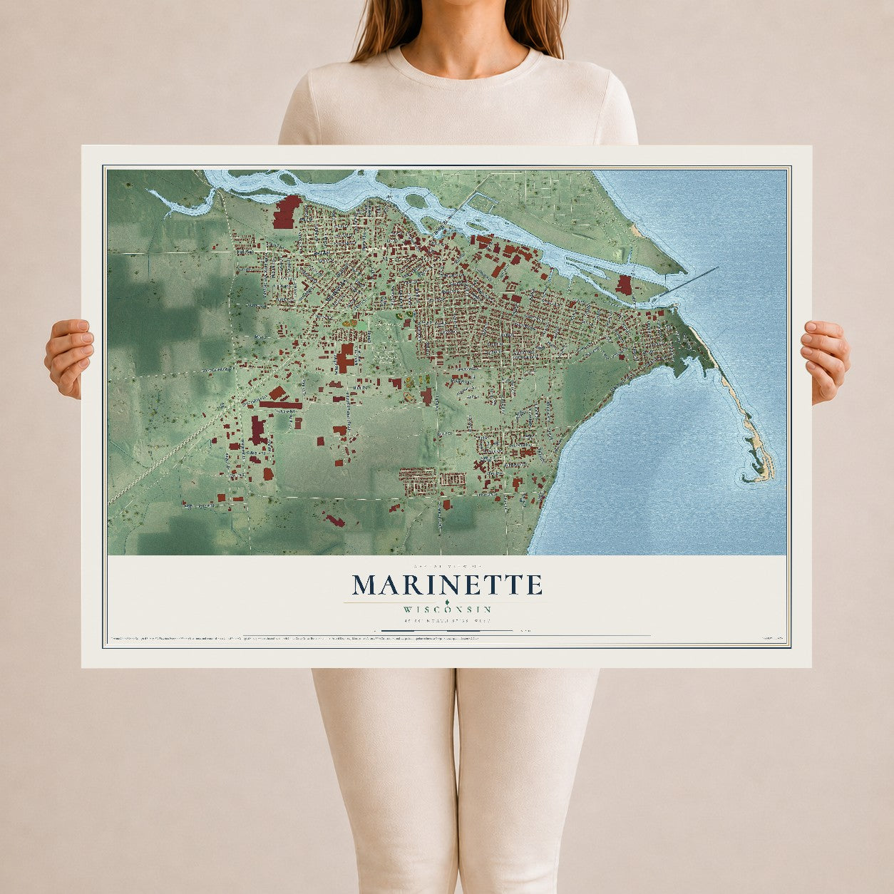 Map of Marinette, Wisconsin, 24 x 36 inch unframed archival matte print
