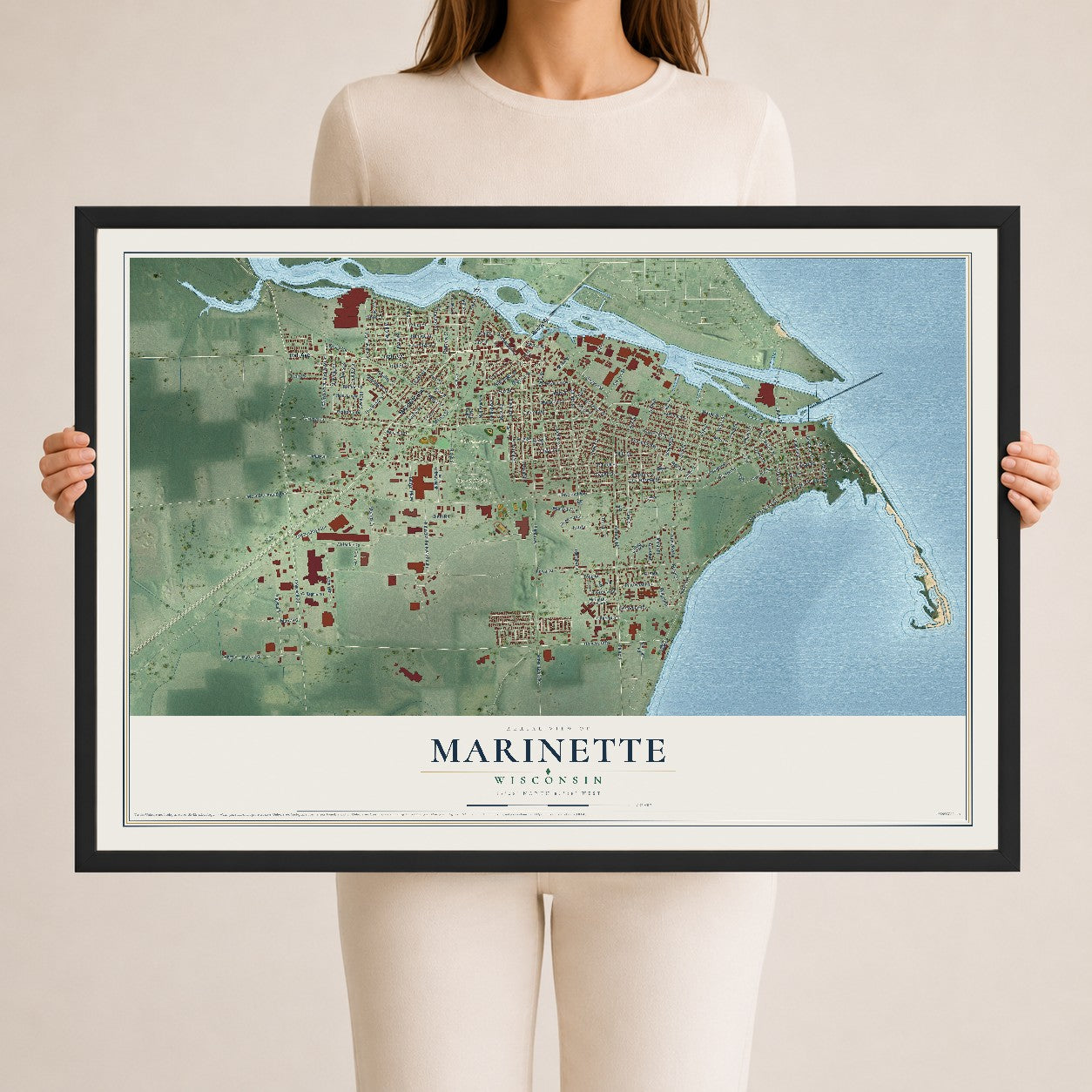Map of Marinette, Wisconsin, 24 x 36 inch print in a black wood frame