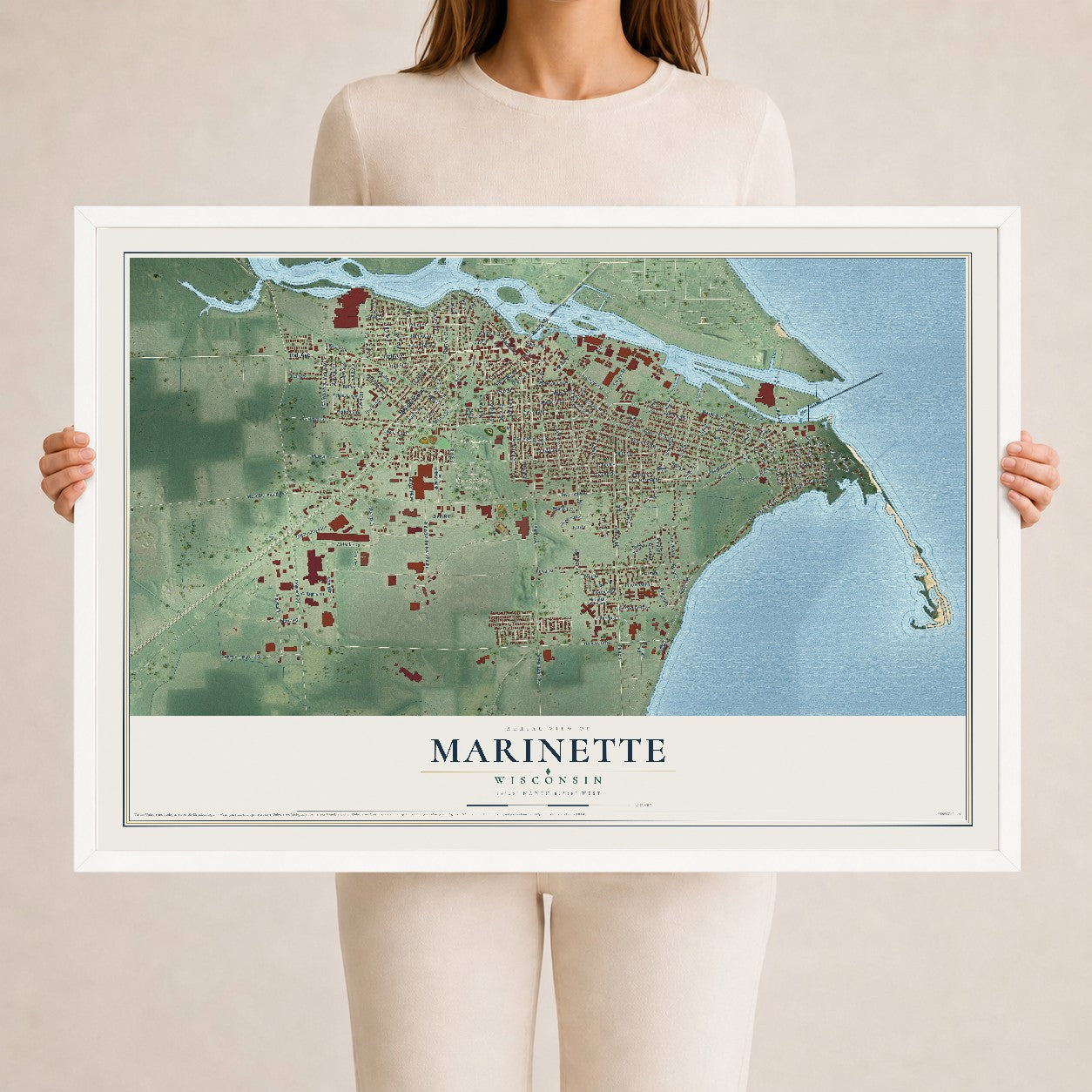 Map of Marinette, Wisconsin, 24 x 36 inch print in a white wood frame